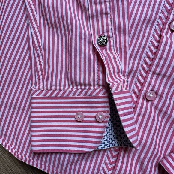Stone Rose Shirt Mens White Pink Striped Cotton Black Rivet Button Up 4 Large - Picture 6 of 7